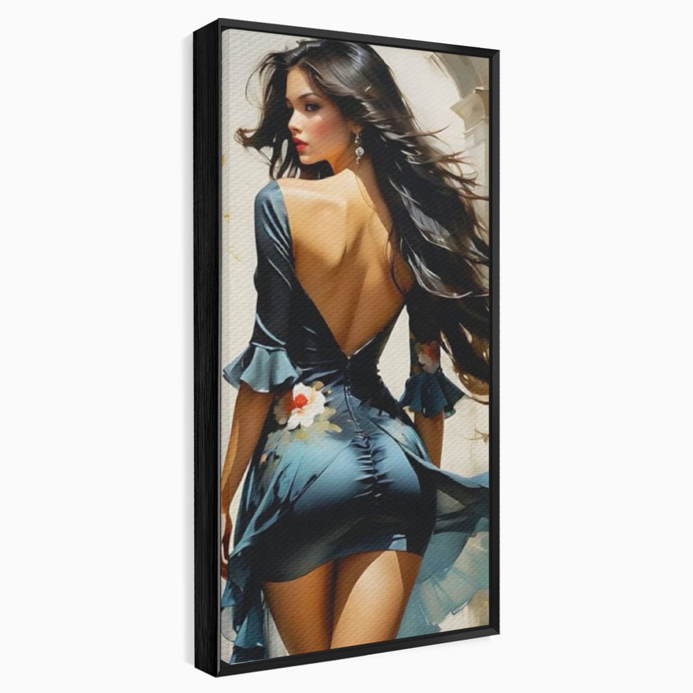 Tablou canvas cu tablou canvas cu femeie in rochie albastra, in rama de aluminiu negru